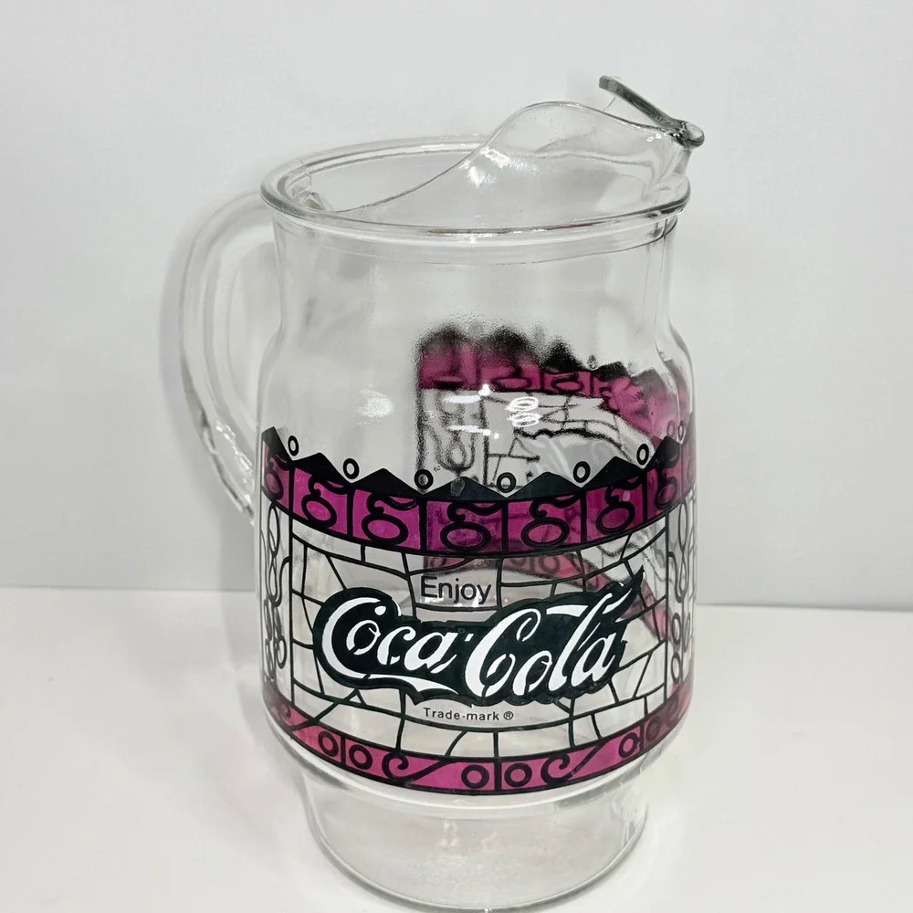 Vintage Coca-Cola Glass Pitcher Pink Stained Glass Logo Ice Lip 9 Inch Clear